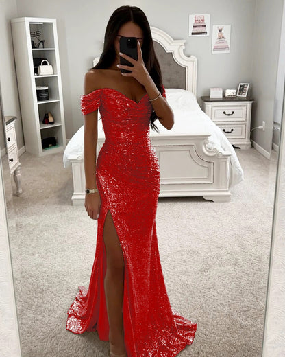 Party Sequins Off-neck Split Dress INS Casual Fashion Dress Women Charming Slimming Dress For Women