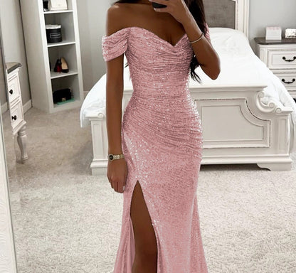 Party Sequins Off-neck Split Dress INS Casual Fashion Dress Women Charming Slimming Dress For Women