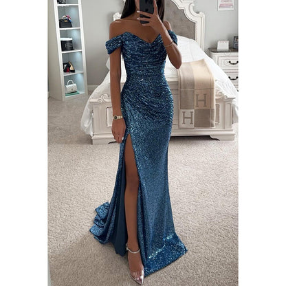 Party Sequins Off-neck Split Dress INS Casual Fashion Dress Women Charming Slimming Dress For Women