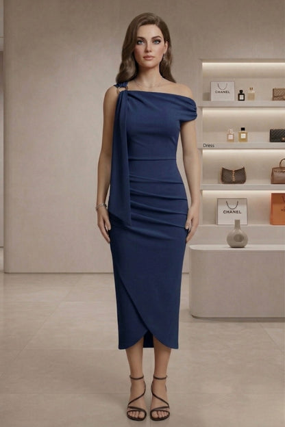 Womens Slash Neck Wrap Front Midi Dress - Evening Or Casual Wear Ladies Dress
