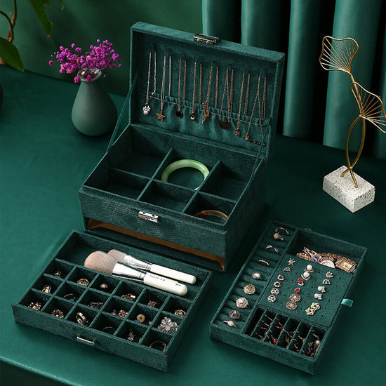 3 Layer Large Jewelry Box, Necklace Jewelry Storage Organizer Cabinet Box Green
