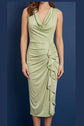 ACCETATE COWL RUFFLE MIDI DRESS SAGE Fashion BODYCON FITTED DRESS Lightweight Sleeveless  Poly Blend Spring Summer Dress For Women