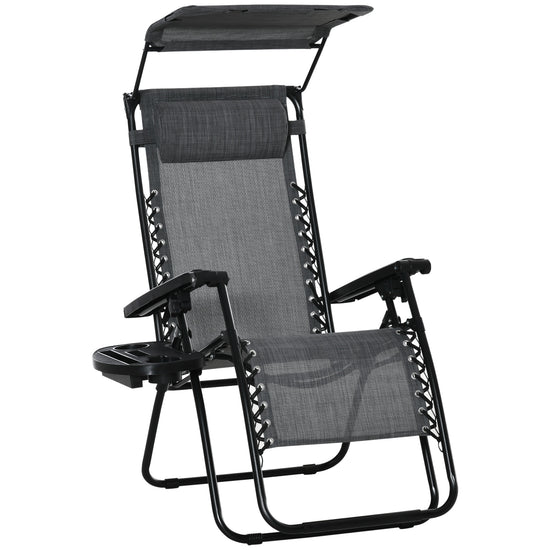 Foldable Reclining Garden Chair With Headrest, Zero Gravity Deck Sun Lounger Seat Chair With Footrest, Armrest, Cup Holder & Canopy Shade, Light Grey