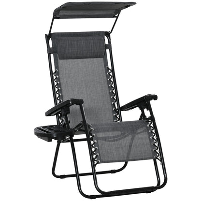 Foldable Reclining Garden Chair With Headrest, Zero Gravity Deck Sun Lounger Seat Chair With Footrest, Armrest, Cup Holder & Canopy Shade, Light Grey
