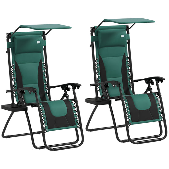 Zero Gravity Lounger Chair Set Of 2, Folding Reclining Patio Chair With Shade Cover, Padded Seat, Cup Holder, Soft Cushion And Headrest For Poolside, Camping, Green