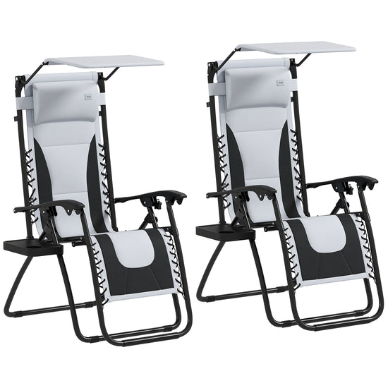 Zero Gravity Lounger Chair Set Of 2, Folding Reclining Patio Chair With Shade Cover, Padded Seat, Cup Holder, Soft Cushion And Headrest For Poolside, Camping, Light Grey